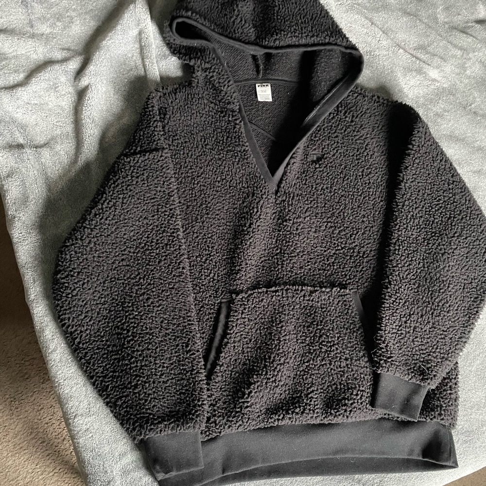 PINK Victoria's Secret Black Sherpa V-Neck Sweater
